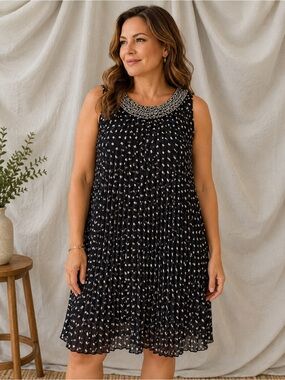 Vertigo Sleeveless Pleated Mini Dress with Embellished Neckline
